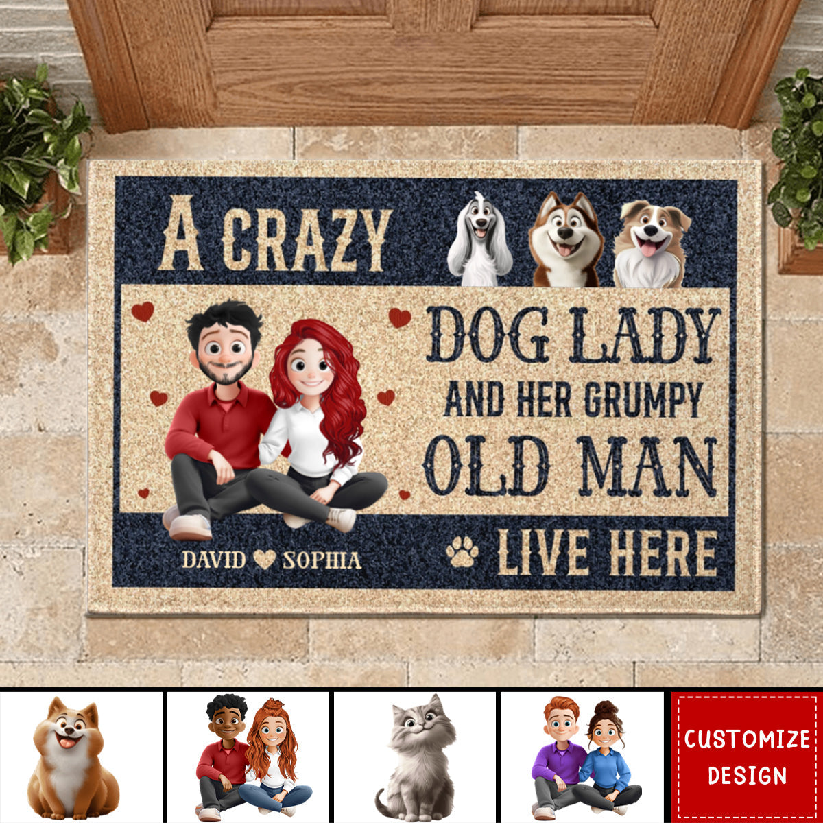 New Version Couple A Crazy Dog Lady And Her Grumpy Old Man - Personalized Doormat