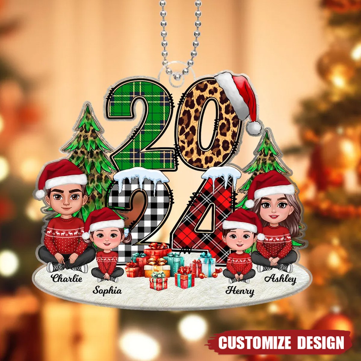 Christmas Family Sitting Stacked Pattern Personalized Acrylic Ornament