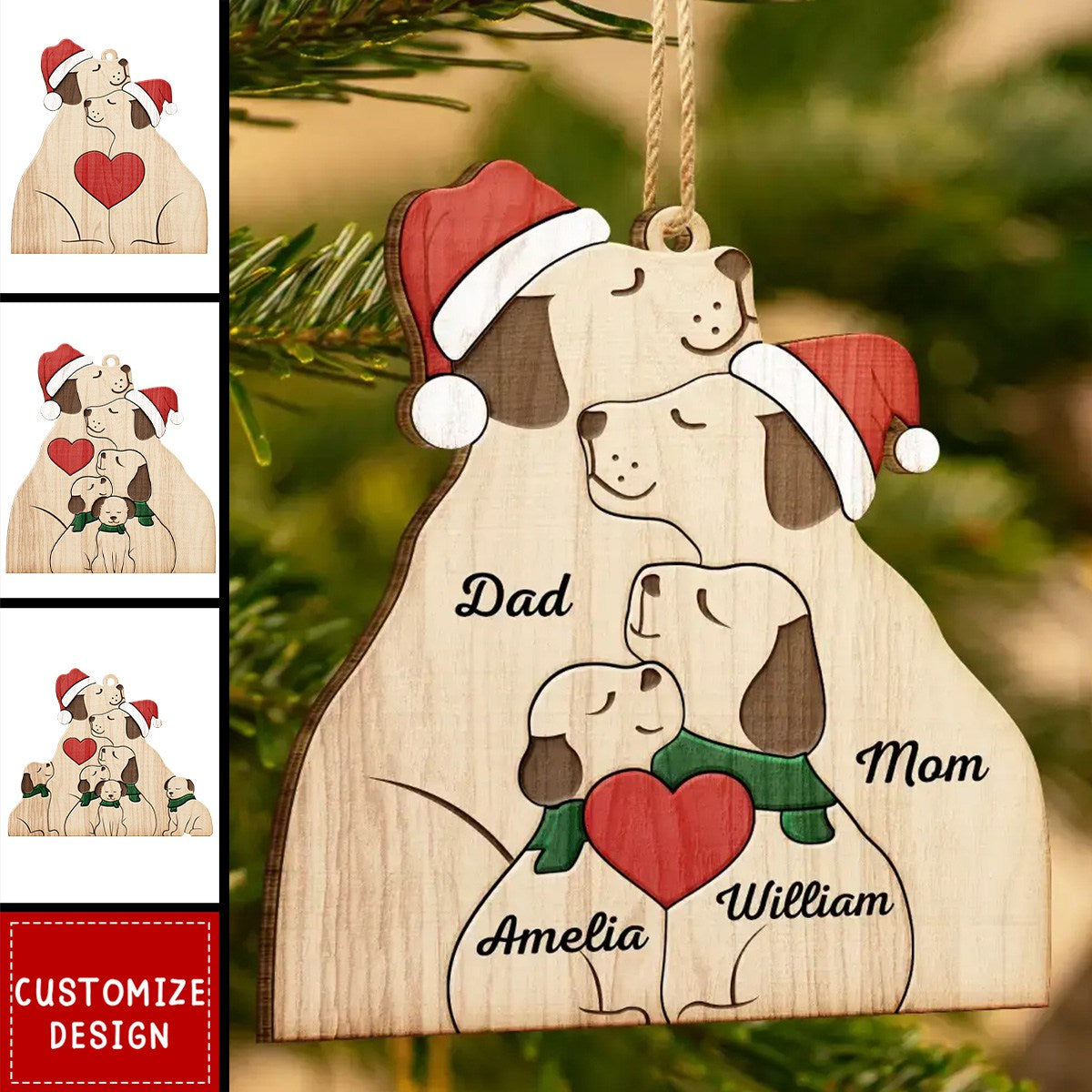 Christmas Dog Family - Personalized Shaped Wooden Ornament - New Release