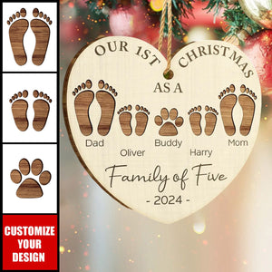 First Christmas As A Family Of Four Footprints - New Release Personalized Custom Shaped Wooden Ornament