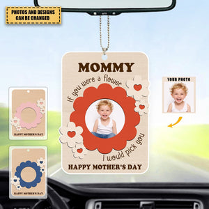 Custom Kid Photo With Flower Frame Gift For Mother's Day - Personalized Acrylic Car Hanger
