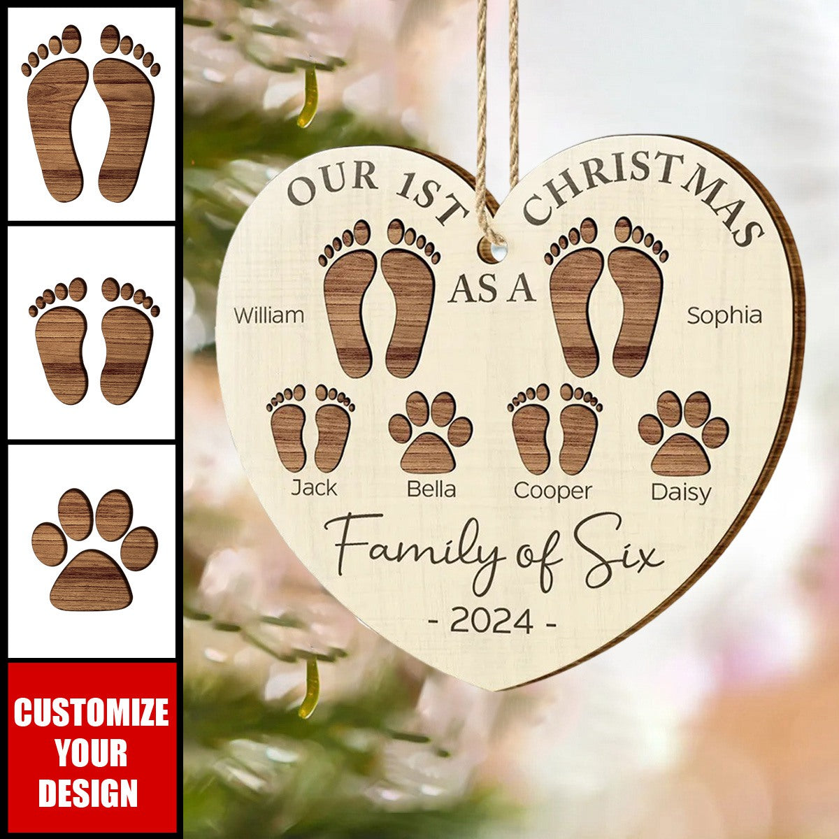 First Christmas As A Family Of Four Footprints - New Release Personalized Custom Shaped Wooden Ornament