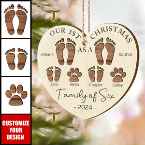 First Christmas As A Family Of Four Footprints - New Release Personalized Custom Shaped Wooden Ornament