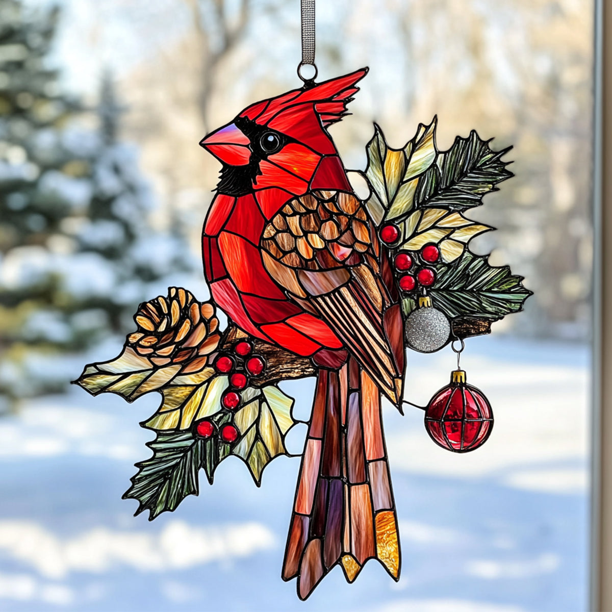 Snowy Redbird Delight - Window Hanging Suncatcher Ornament