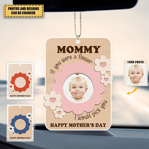 Custom Kid Photo With Flower Frame Gift For Mother's Day - Personalized Acrylic Car Hanger