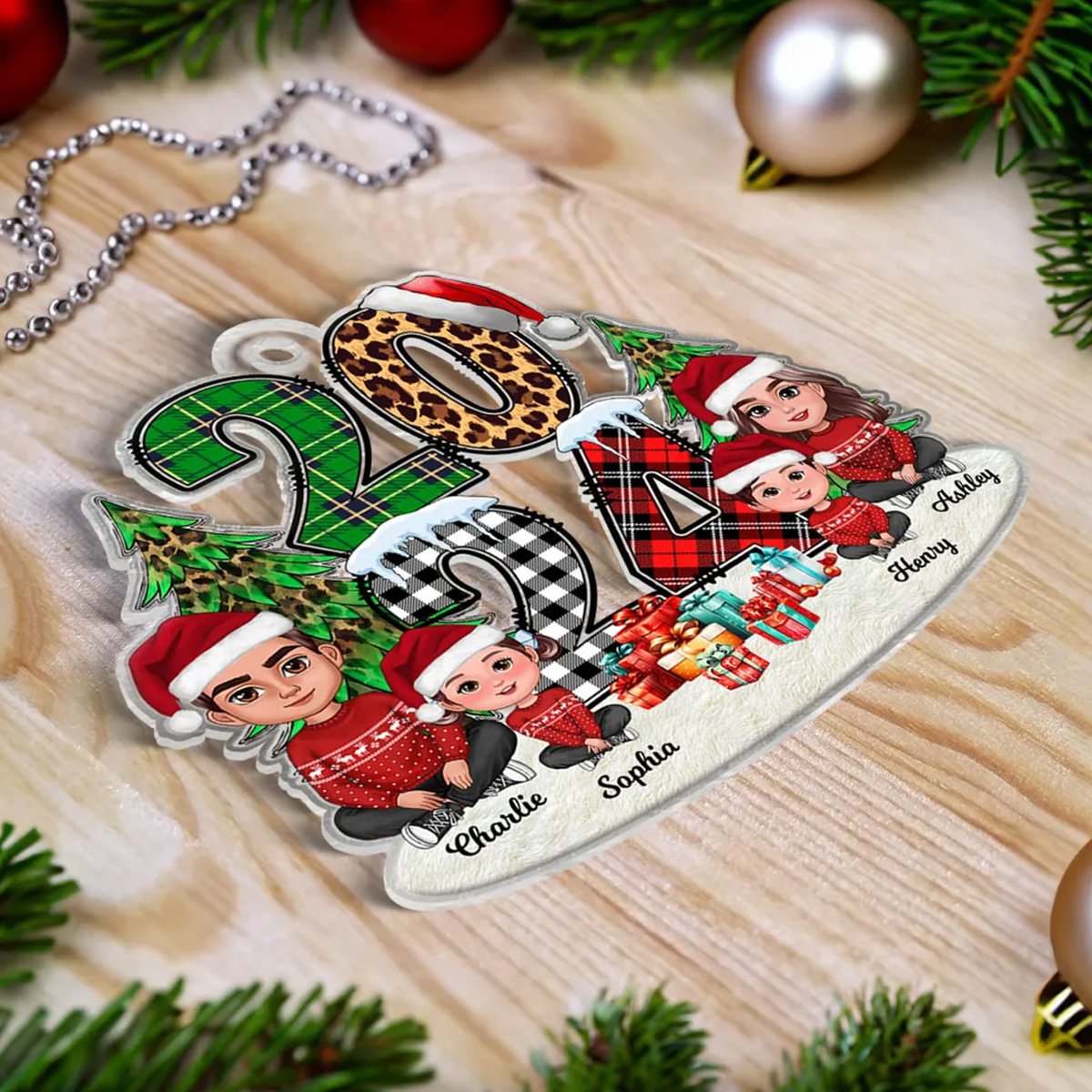 Christmas Family Sitting Stacked Pattern Personalized Acrylic Ornament