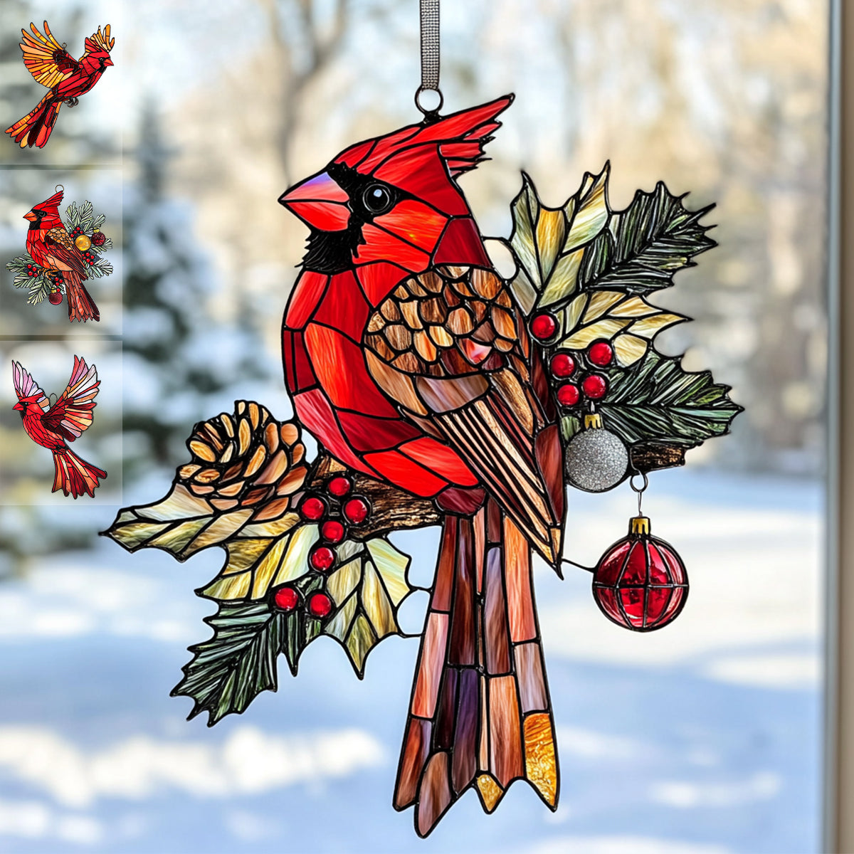 Snowy Redbird Delight - Window Hanging Suncatcher Ornament