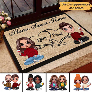 Doll Couple Sitting Home Sweet Home Gift Personalized Doormat - Gift For Couple