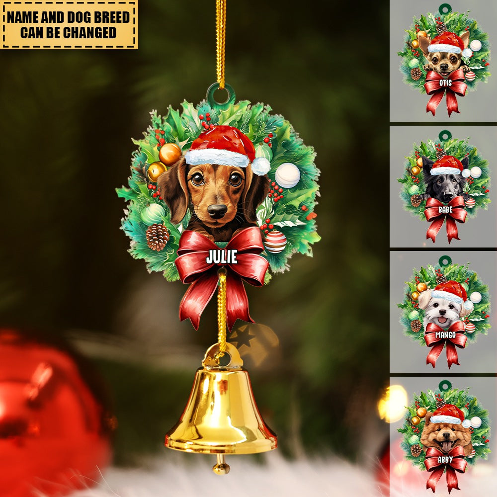 Dog with Christmas Hat - Acrylic Christmas/Car Ornament with Ring Bell