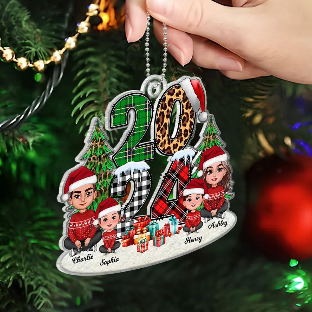 Christmas Family Sitting Stacked Pattern Personalized Acrylic Ornament