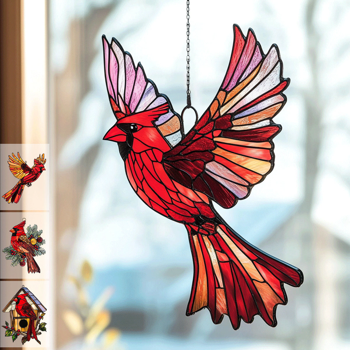 Snowy Redbird Delight - Window Hanging Suncatcher Ornament