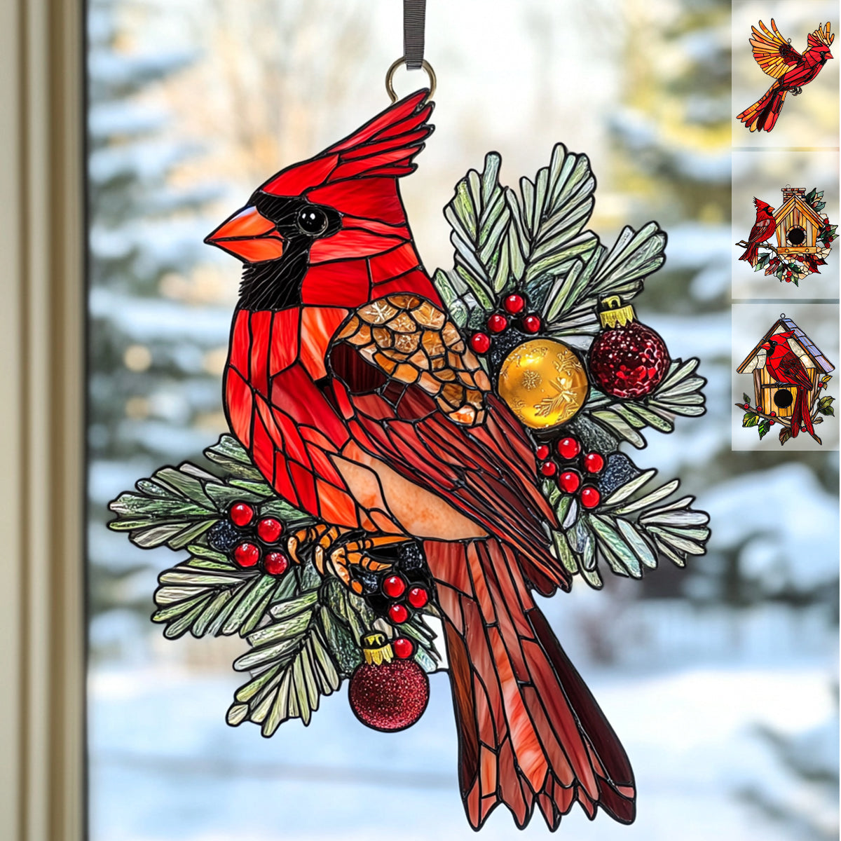 Snowy Redbird Delight - Window Hanging Suncatcher Ornament