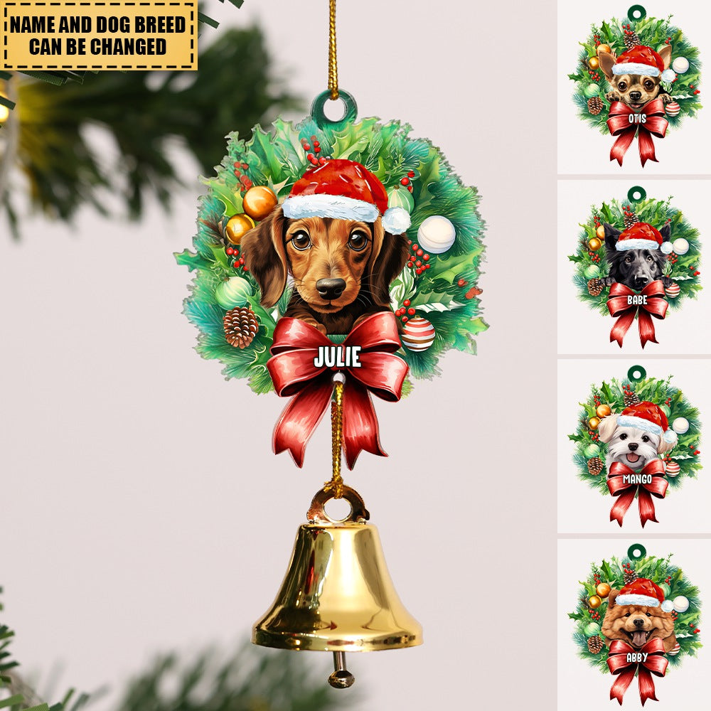 Dog with Christmas Hat - Acrylic Christmas/Car Ornament with Ring Bell