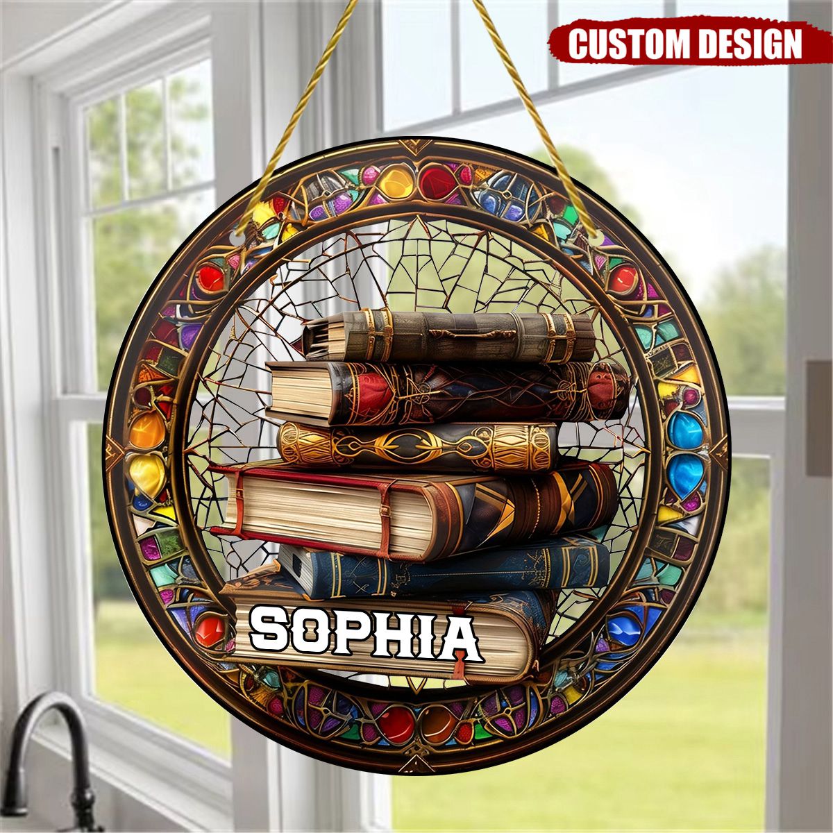 Book Stack Personalized Window Hanging Suncatcher Ornament