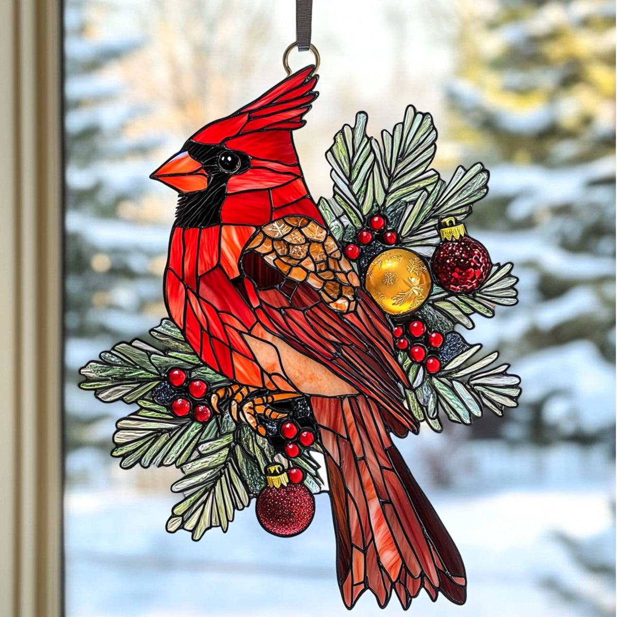 Snowy Redbird Delight - Window Hanging Suncatcher Ornament