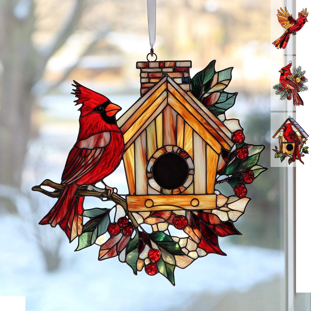 Snowy Redbird Delight - Window Hanging Suncatcher Ornament