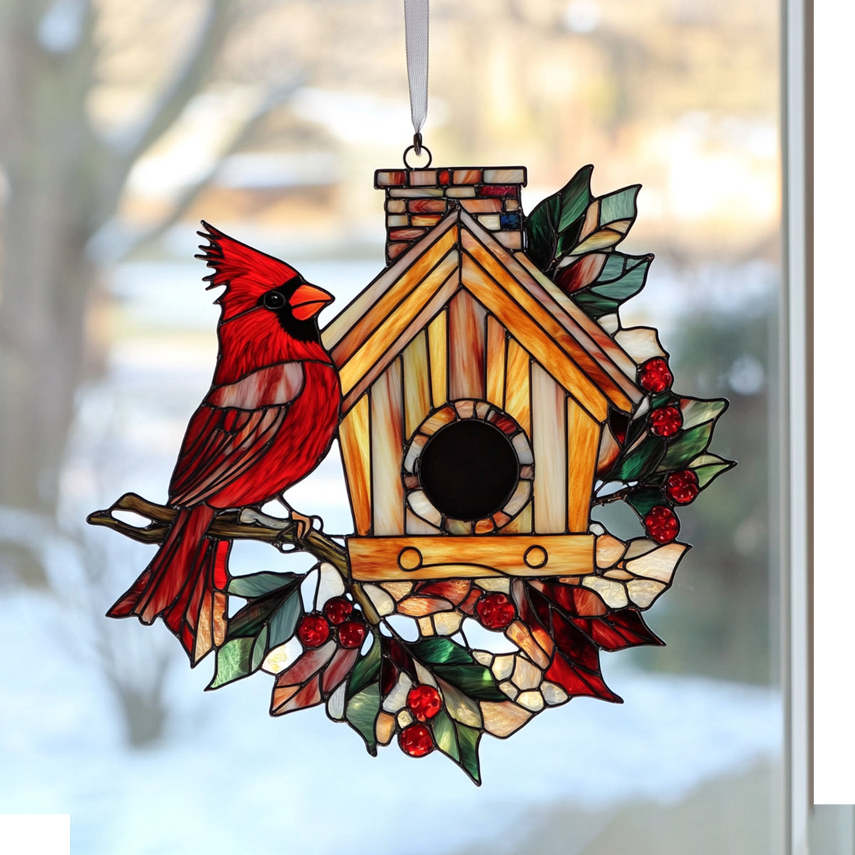 Snowy Redbird Delight - Window Hanging Suncatcher Ornament