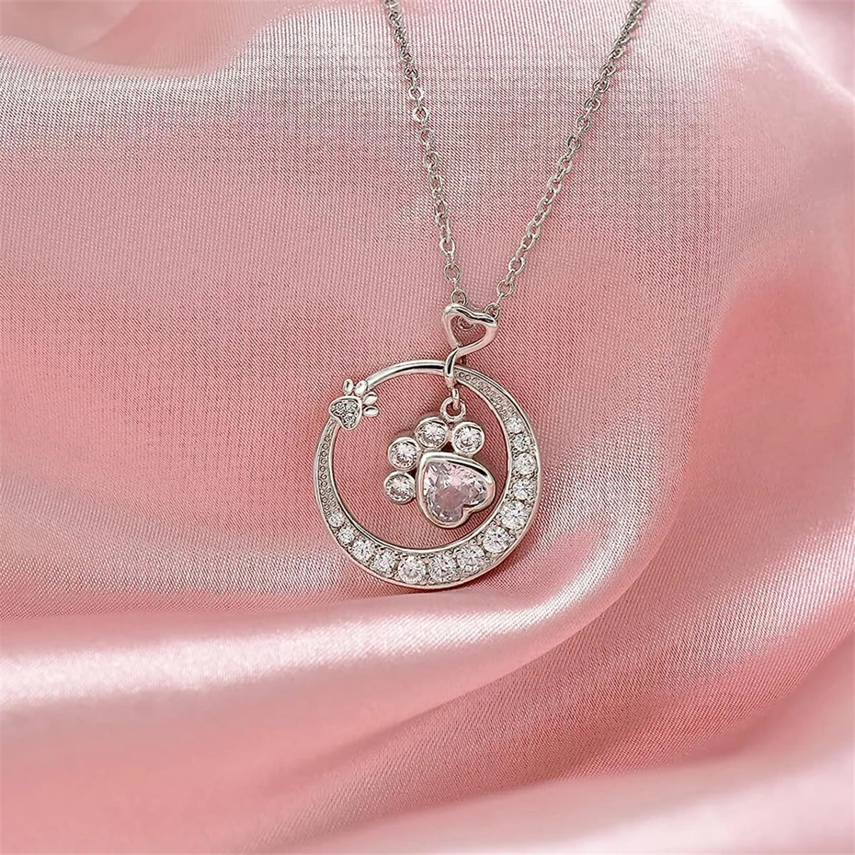 Cute Paw Print Necklace in 925 Sterling Silver with Cubic Zirconia