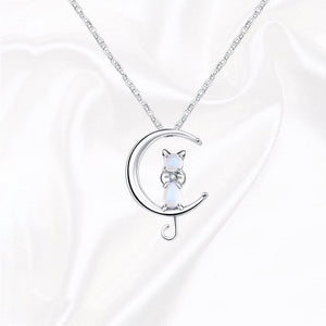 Moonstone crescent and cat necklace