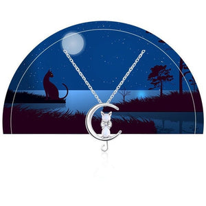 Moonstone crescent and cat necklace