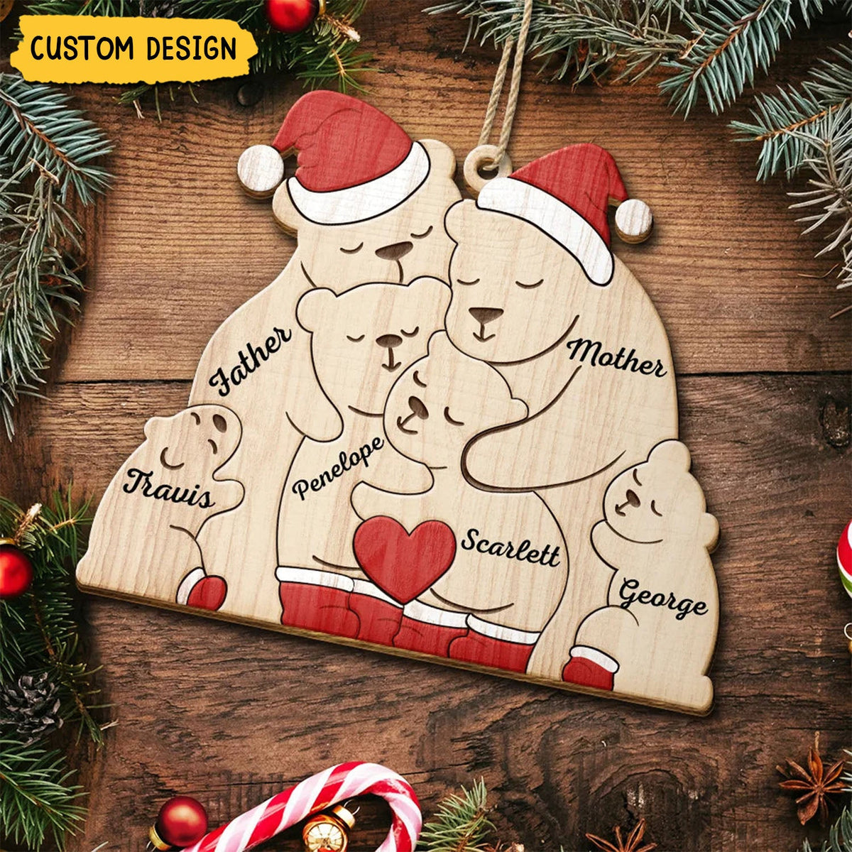 New Release - Christmas Bear Family - Personalized Wooden Ornament