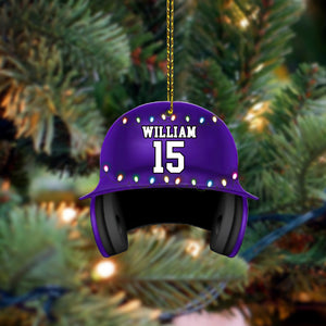 Personalized Baseball Helmet With Christmas Light Flat Ornament