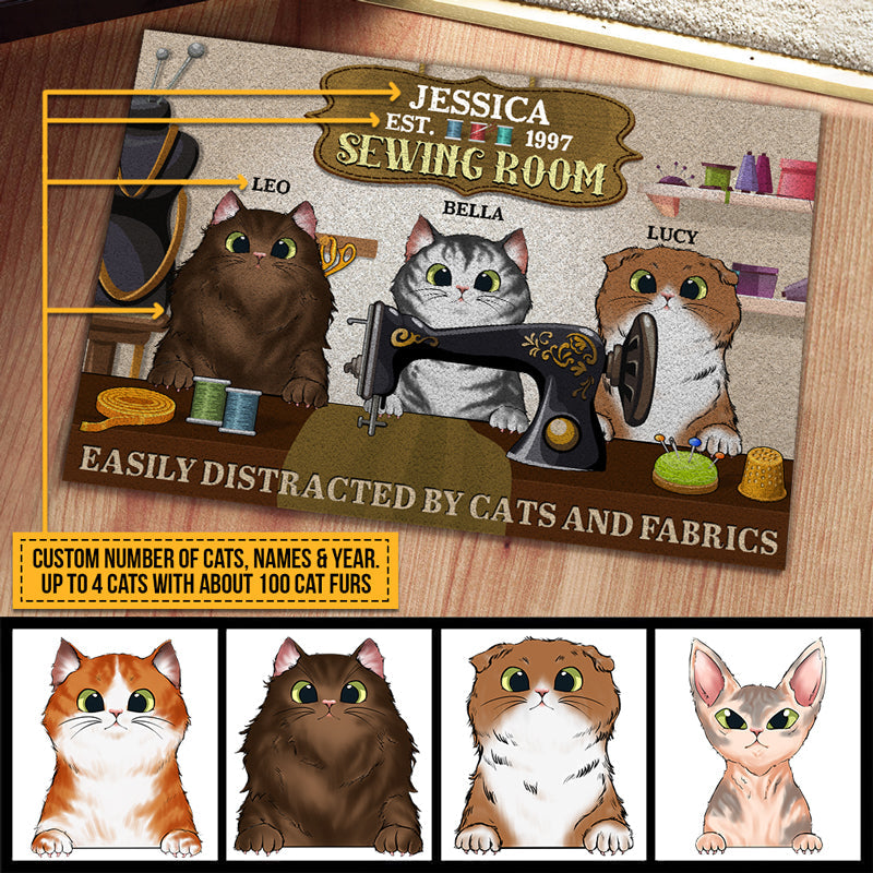 Cat Sewing Room Easily Distracted By Cats And Fabrics Custom Doormat, Personalized Funny Cat Doormat, Gift For Cat Lovers, Sewing Lovers