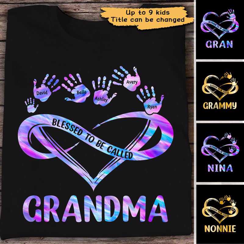 Blessed Grandma Mom Hand Print Infinity Colorful Heart Personalized Shirt