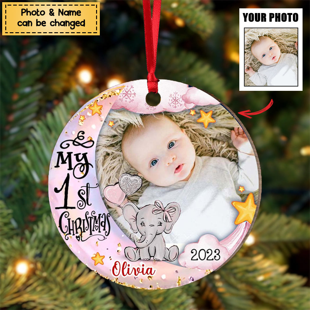 Baby's First Christmas Elephant Photo Circle Personalized Wooden Ornament