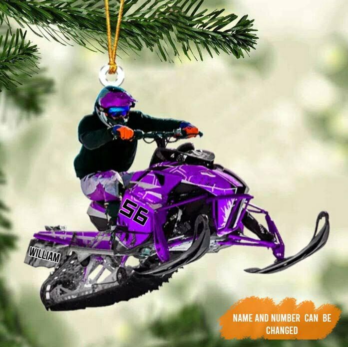 Personalized Snowmobile Rider Jumping Through Snow Christmas Tree Ornament