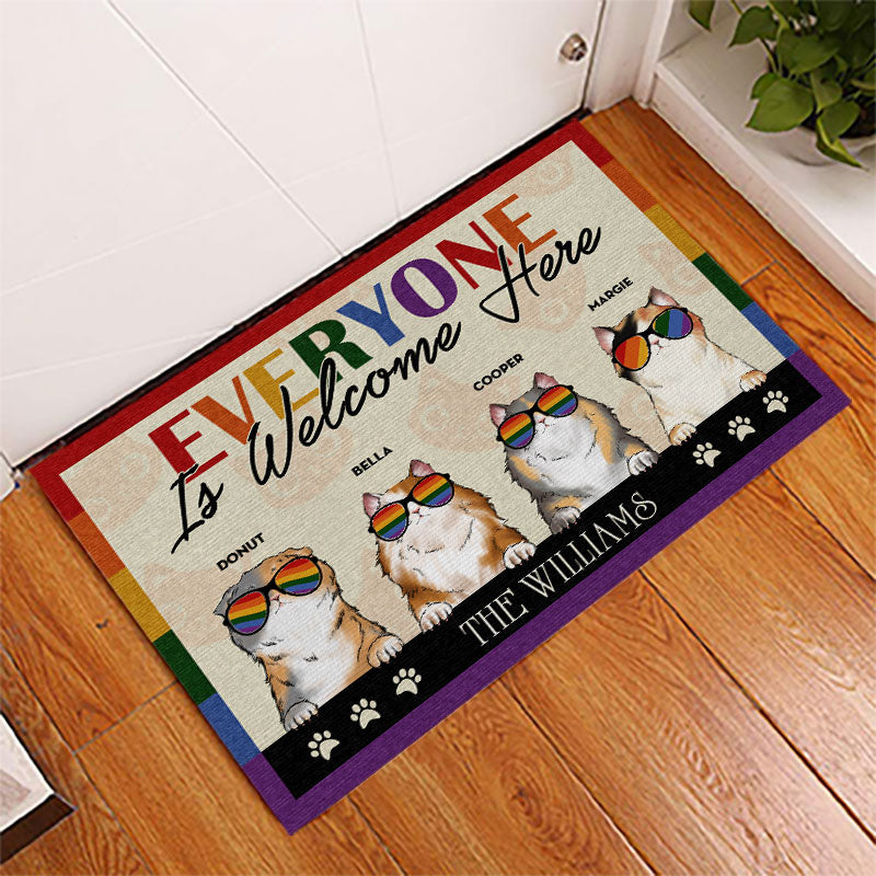 Personalized Family Pride Everyone Is Welcome Here Cat Funny Custom Doormat
