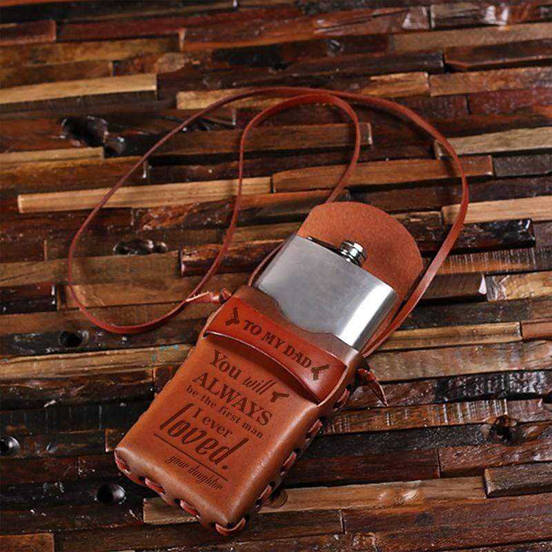 Daughter To Dad - 8oz Metal Flask with Engraved Leather Carrying Pouch