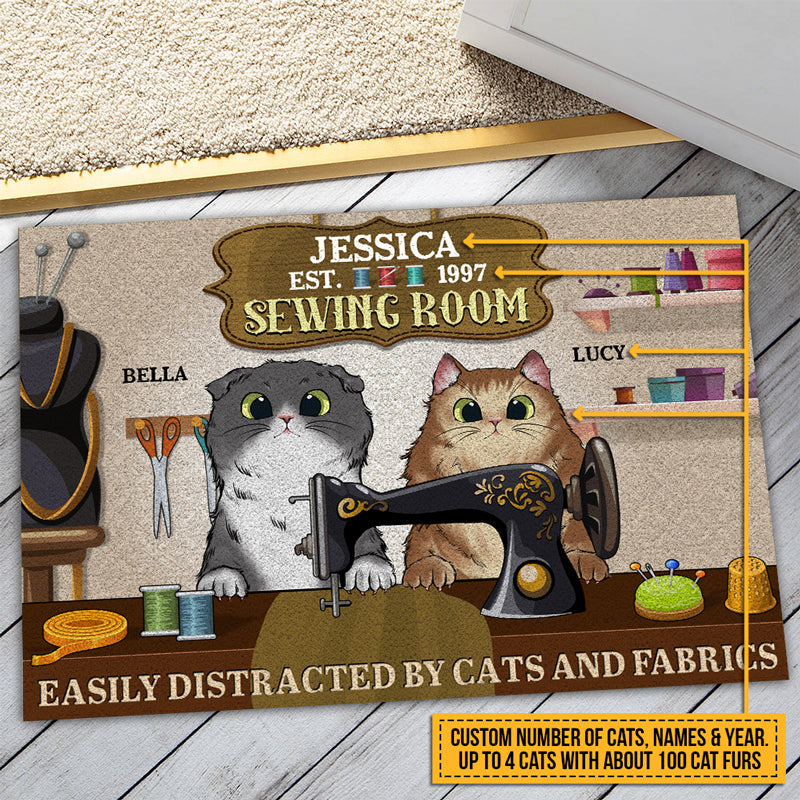 Cat Sewing Room Easily Distracted By Cats And Fabrics Custom Doormat, Personalized Funny Cat Doormat, Gift For Cat Lovers, Sewing Lovers