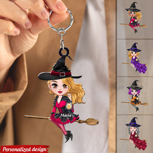 Custom Witch Riding Broom Keychain Best Personalized Halloween Gift