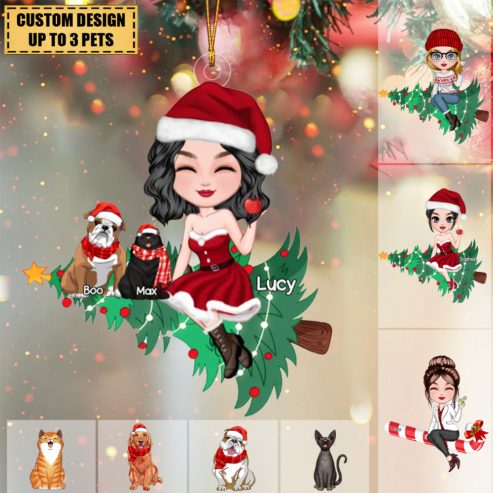 Santa Girl Sitting With Cute Pet On Christmas Tree Personalized Acrylic Ornament