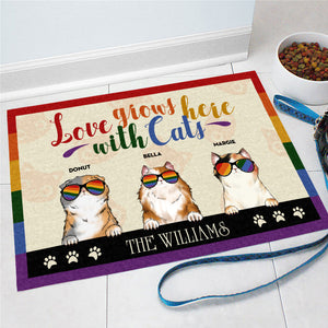 Personalized Family Pride Love Grows Here With Cats Custom Doormat, Cat Lover Gift