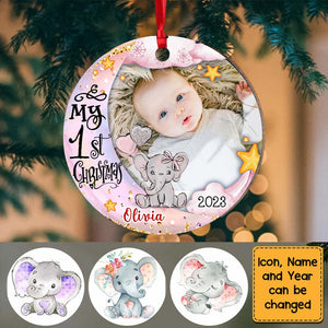 Baby's First Christmas Elephant Photo Circle Personalized Wooden Ornament