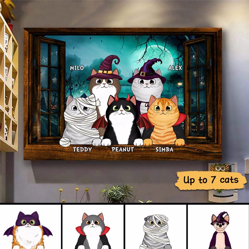 Halloween Fluffy Cats Opened Window Personalized Horizontal Poster