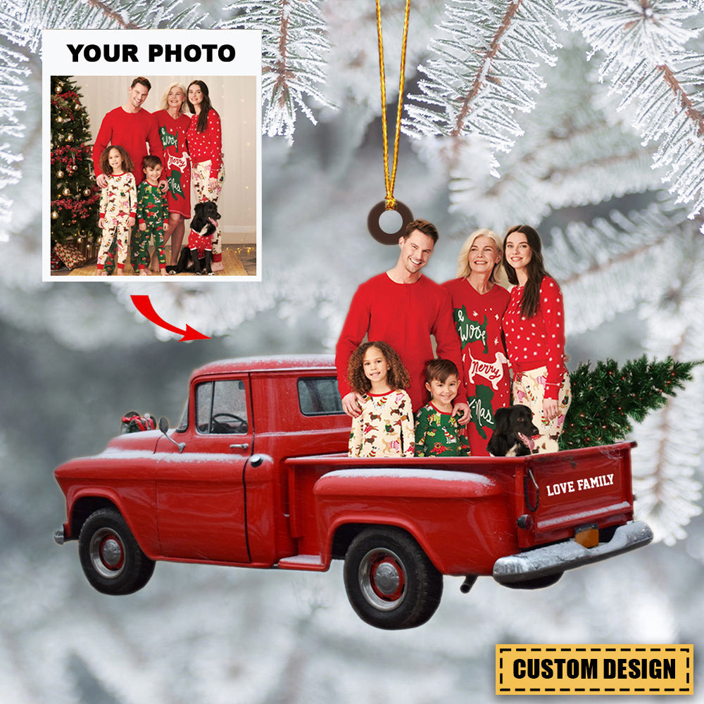 Personalized Photo Acrylic Car / Christmas Ornament - Gift For Family - Custom Photo Family Red Truck Christmas