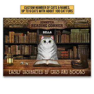 Cat Reading Corner Easily Distracted By Cats And Books Custom Doormat, Personalized Funny Cat Doormat, Gift For Cat Lovers, Reading Lovers