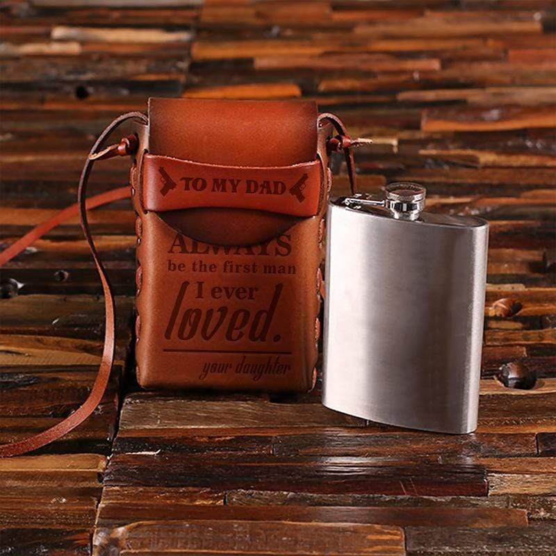 Daughter To Dad - 8oz Metal Flask with Engraved Leather Carrying Pouch