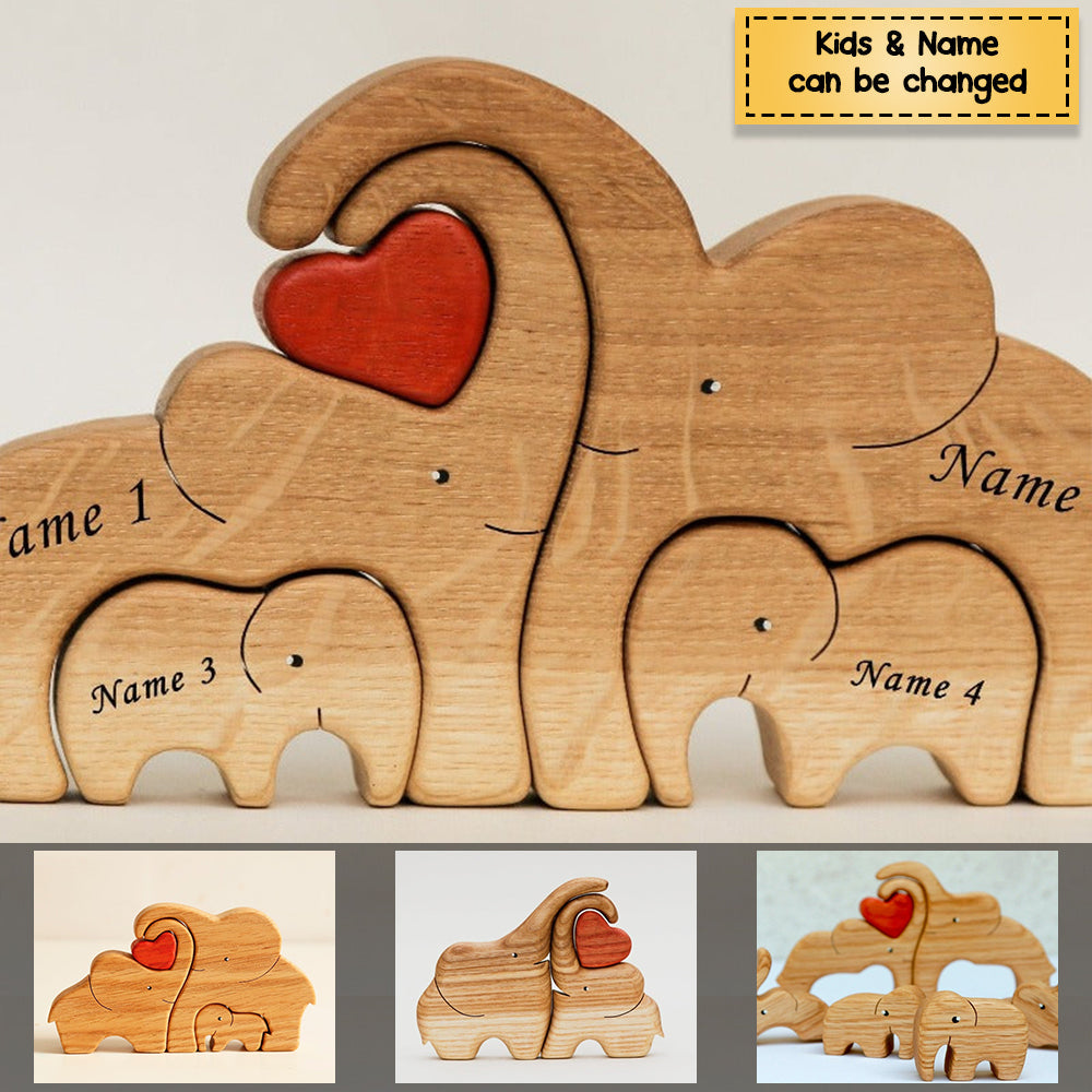 Personalized Elephant Family Wooden Art Puzzle, Gift For Family