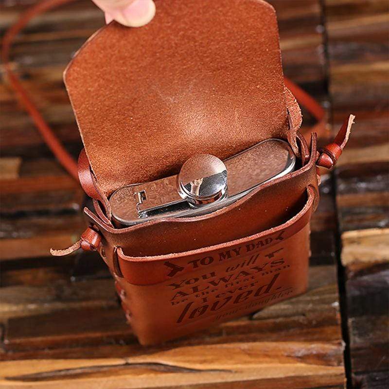 Daughter To Dad - 8oz Metal Flask with Engraved Leather Carrying Pouch
