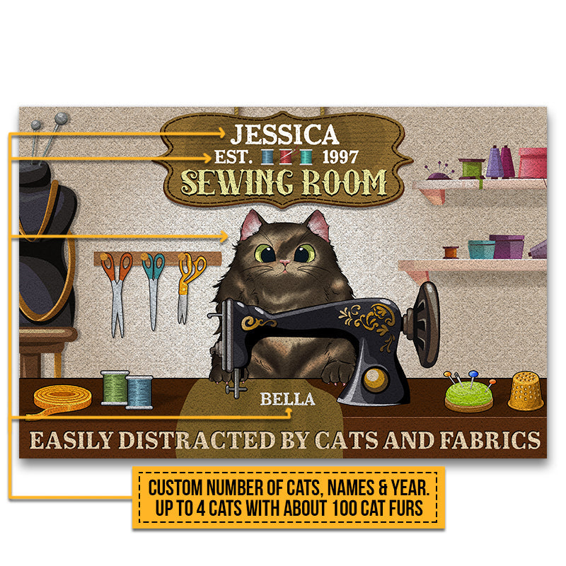 Cat Sewing Room Easily Distracted By Cats And Fabrics Custom Doormat, Personalized Funny Cat Doormat, Gift For Cat Lovers, Sewing Lovers