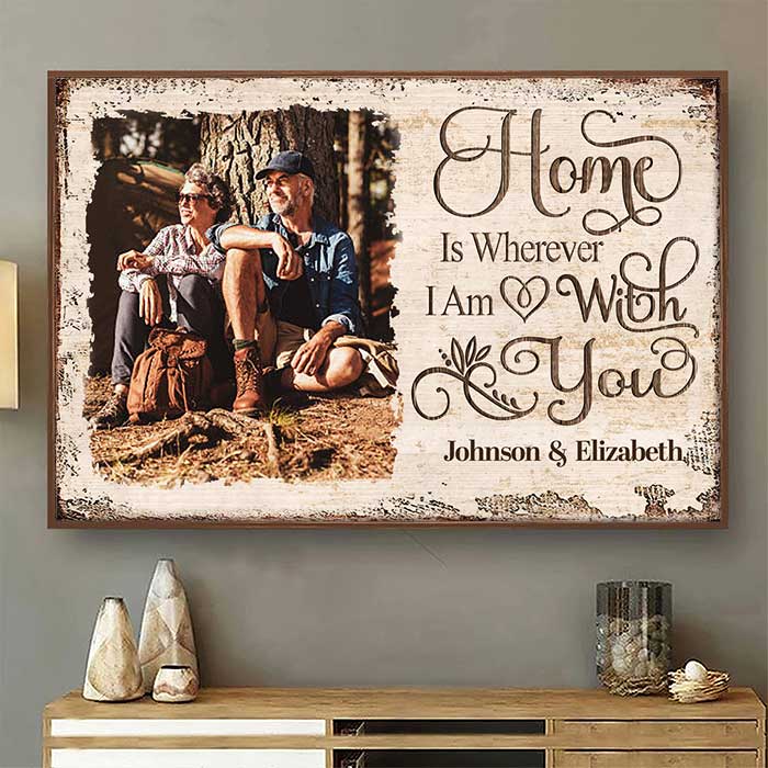Home Is Wherever I Am With You - Upload Image, Gift For Couples, Husband Wife - Personalized Horizontal Poster