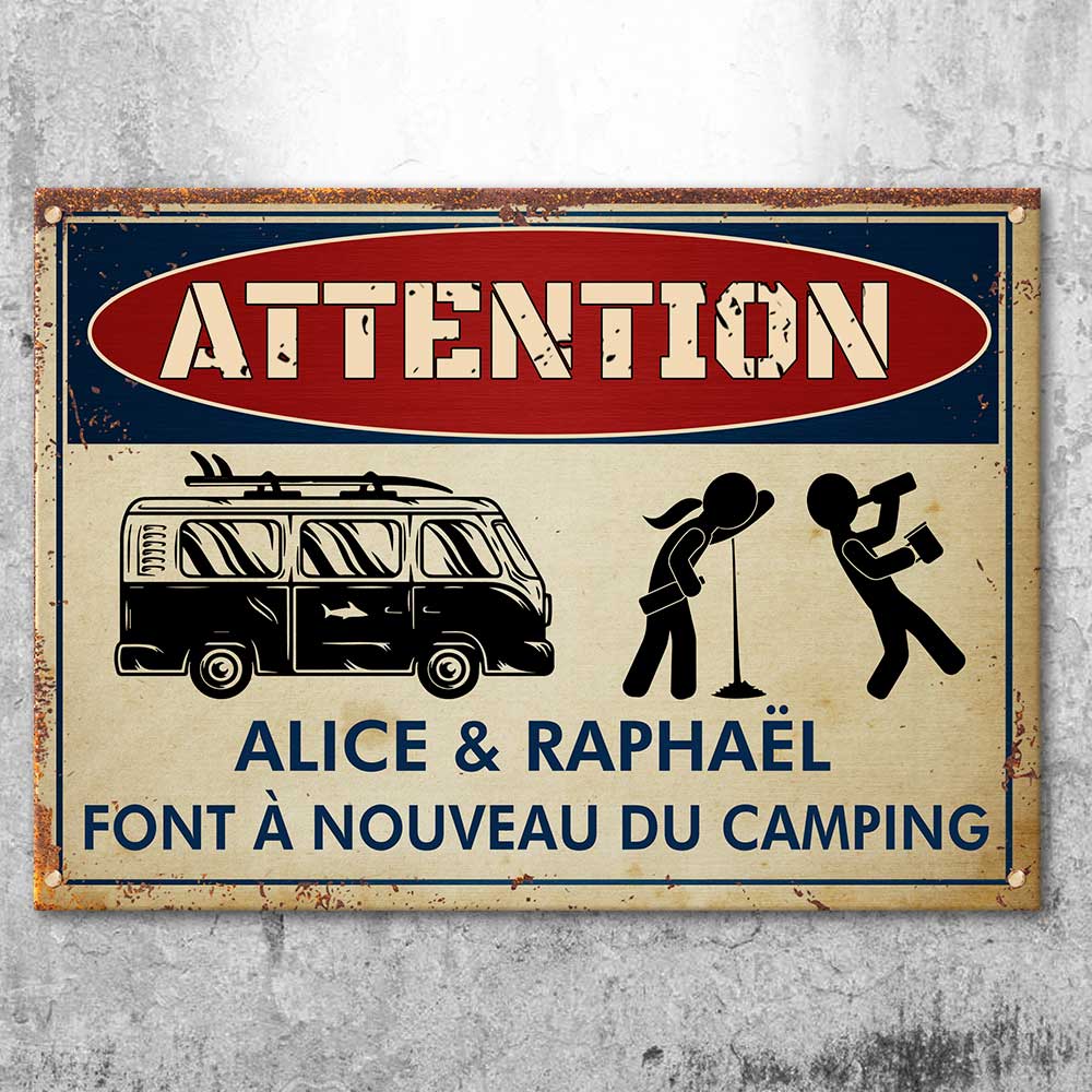French - Les Campeurs Ivres Campent À Nouveau - Personalized Camping Metal Sign