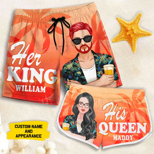 Her King His Queen - Personalized Couple Beach Shorts - Gift For Couples, Husband Wife