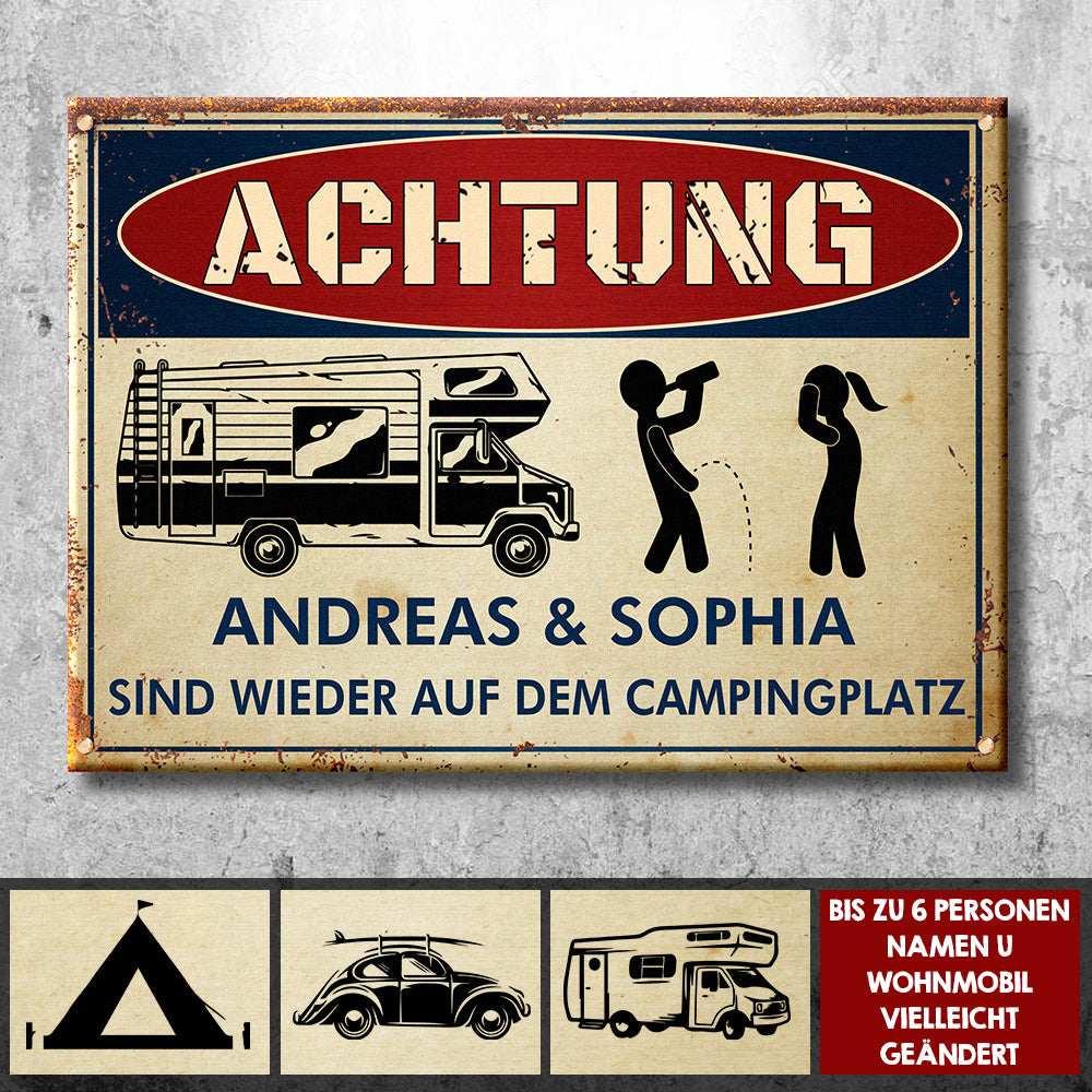 German - Betrunkene Camper Campen Wieder - Personalized Camping Metal Sign