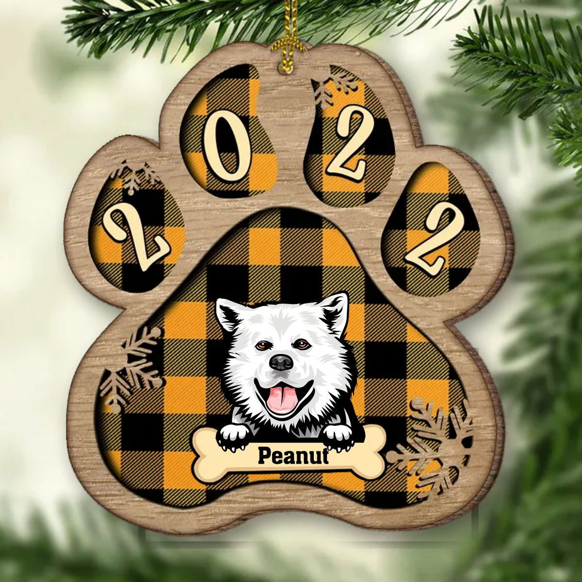 Personalized Christmas Paw Ornament - Dog, Cat And Snow - Plaid Buffalo Pattern - Customized Decoration Upload Image, Gift For Pet Lovers