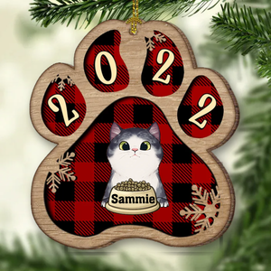 Personalized Christmas Paw Ornament - Dog, Cat And Snow - Plaid Buffalo Pattern - Customized Decoration Upload Image, Gift For Pet Lovers